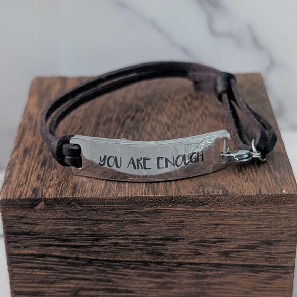 Adjustable Bracelet - Dark Brown with Silver Tone "You Are Enough" - Picture 1 of 6